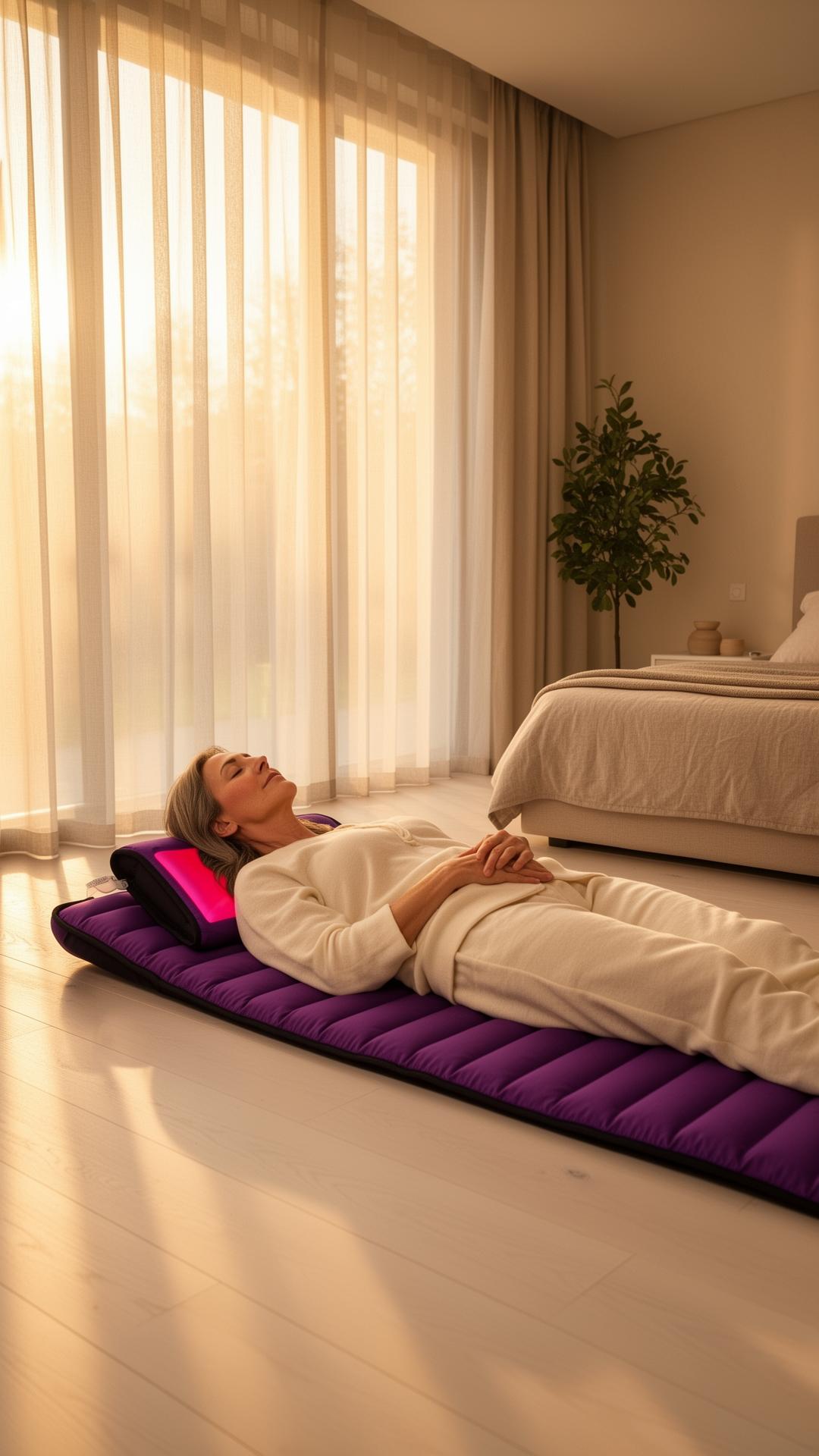 Žena relaxující na Amethyst BioMat v moderní ložnici